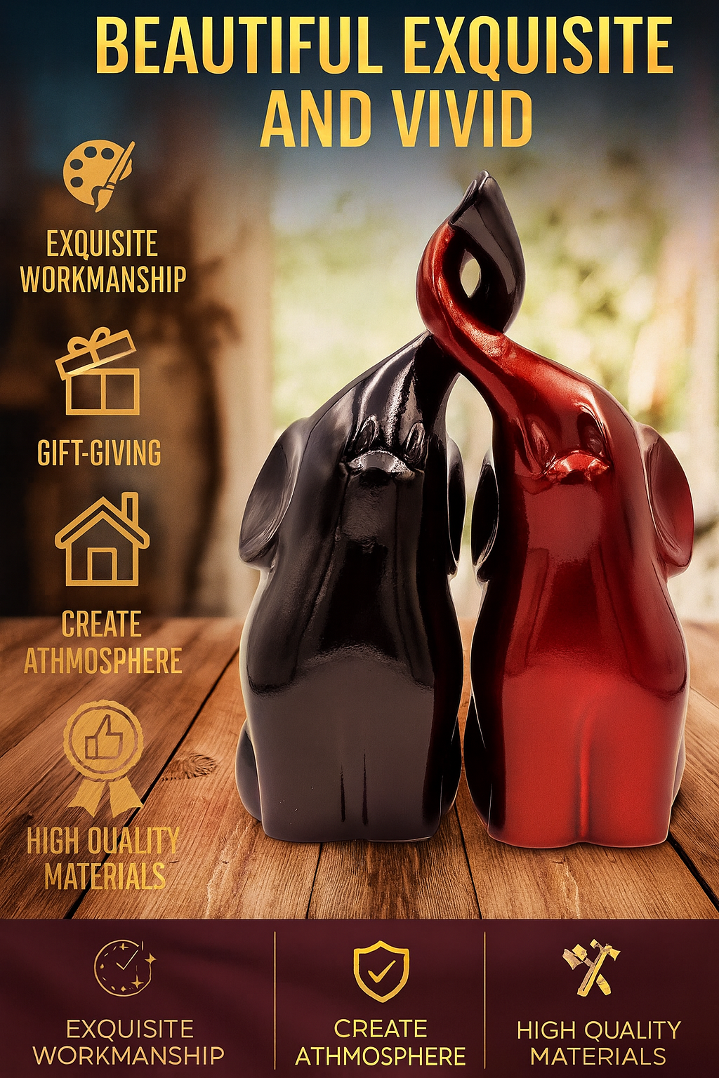 Black and Red Trunk-Up Elephant Pair Statues - Polystone Decor Figurines - Un Par De Elefantes Para Decoracion Casa