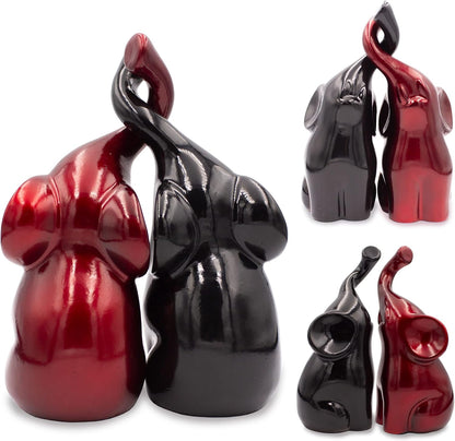 Black and Red Trunk-Up Elephant Pair Statues - Polystone Decor Figurines - Un Par De Elefantes Para Decoracion Casa