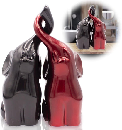 Black and Red Trunk-Up Elephant Pair Statues - Polystone Decor Figurines - Un Par De Elefantes Para Decoracion Casa