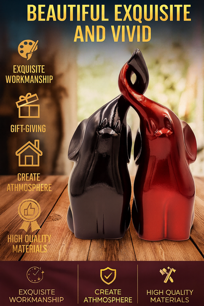 Black and Red Trunk-Up Elephant Pair Statues - Polystone Decor Figurines - Un Par De Elefantes Para Decoracion Casa